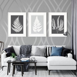3pc Gray wall art, Fern decor, Fern Print, leaf print wall art, Grey living room decor, Grey Leaf Prints, fern leaf prints, leaf print set