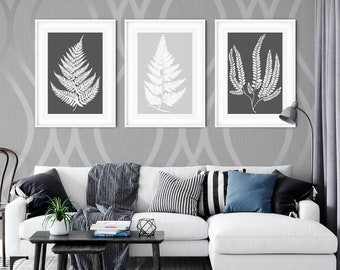 3pc Gray wall art, Fern decor, Fern Print, leaf print wall art, Grey living room decor, Grey Leaf Prints, fern leaf prints, leaf print set