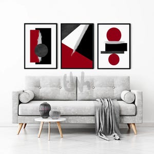 Red Black and Grey Abstract Wall Art Prints, Black and Red Wall Art, Red Wall Art, Set of 3 Print, red and black geometric wall art