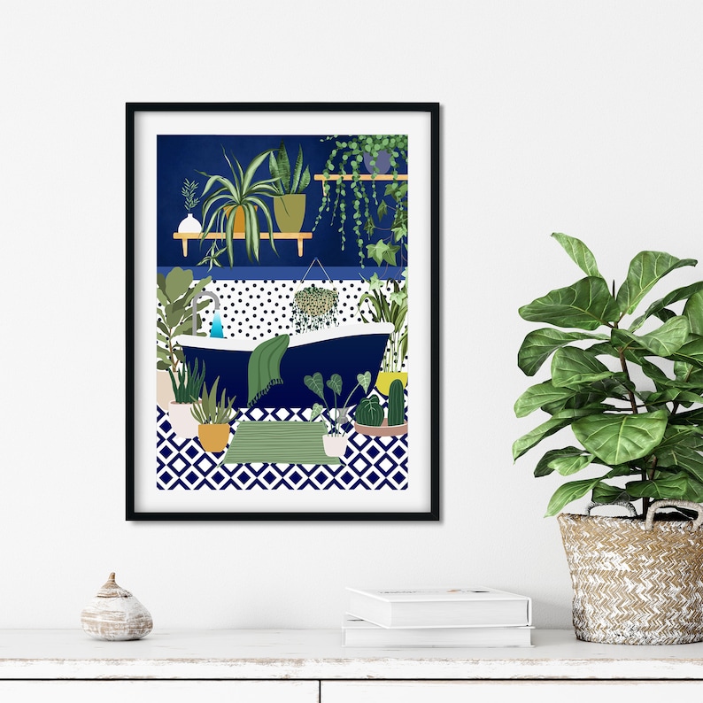Blue Bathroom Plant Prints Blue Bathroom Decor Blue Bathroom | Etsy