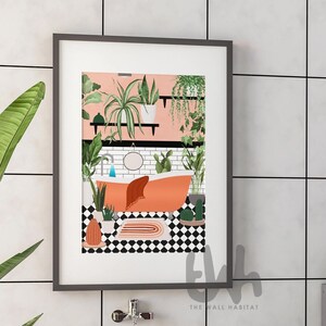 May include: A framed illustration of a bathroom with a pink wall, a white bathtub, and a variety of plants. The floor is black and white checkered.