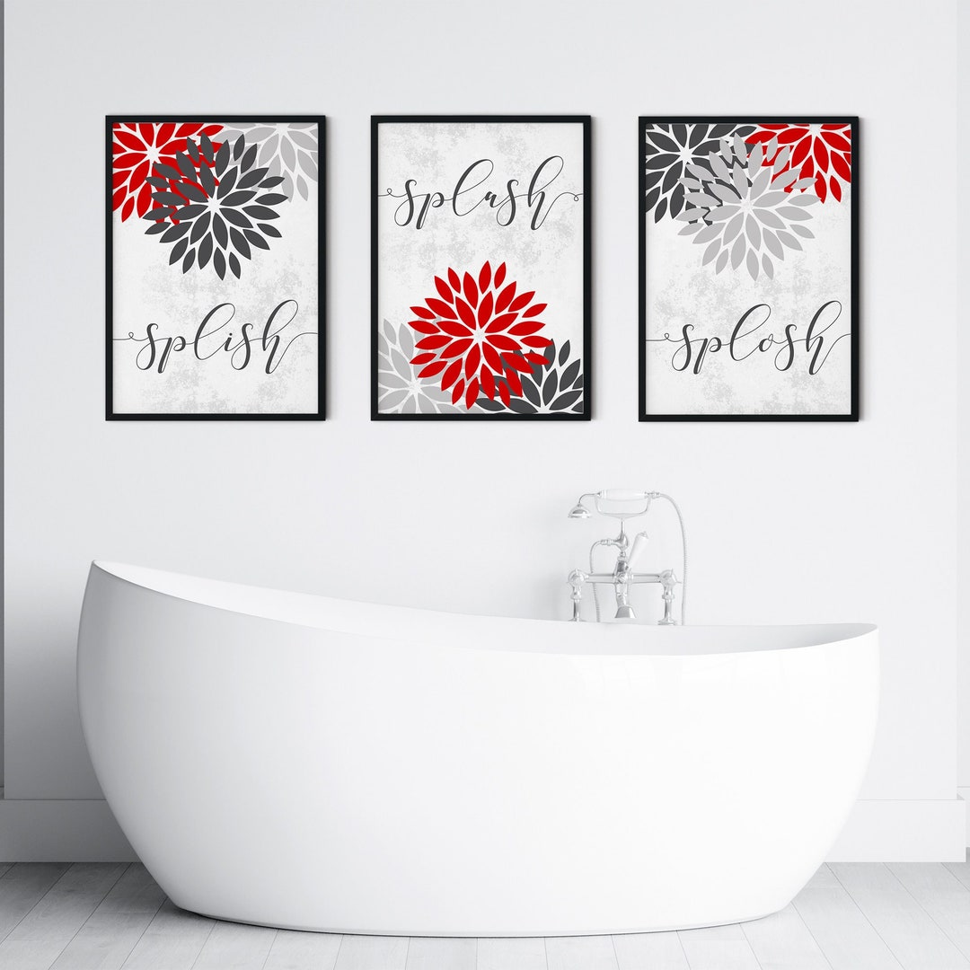 Set of 3 Red and Grey Bathroom Prints, Red Bathroom Decor, Red Wall Art