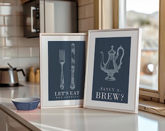 2pc Retro blue kitchen wall art, blue kitchen decor, blue kitchen art, blue  kitchen prints, blue wall art, blue kitchen sign, blue kitchen