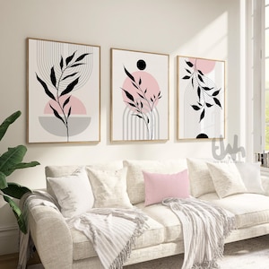 set of 3 pink and grey mid century living room prints