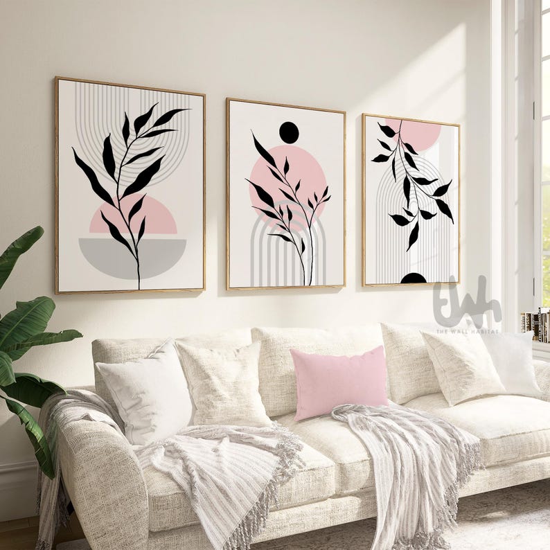 set of 3 pink and grey mid century living room prints