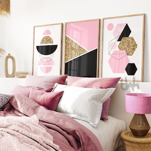 Set of 3 Pink Gold and Black Wall Art, Pink Gold Black Geometric Art, Pink and Black Wall Art, Pink Bedroom Decor, Pink and Black Office