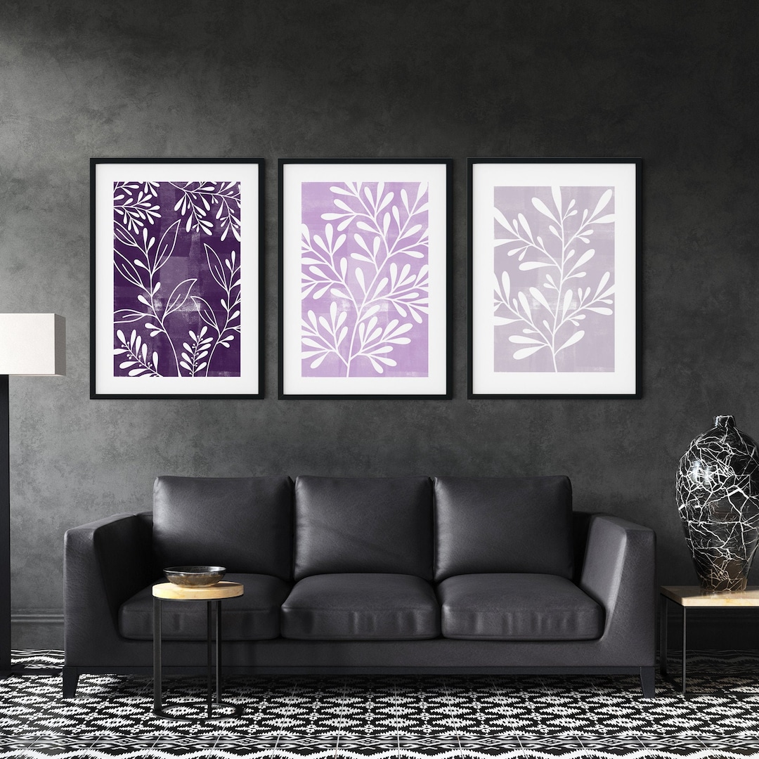 3pc Purple Lilac Leaf Prints, Purple Wall Art, Purple Wall Decor