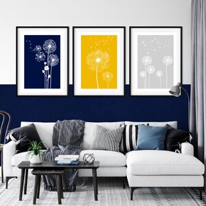 Blue and Yellow Dandelion Prints: Set of 3 Botanical Wall Art - Etsy