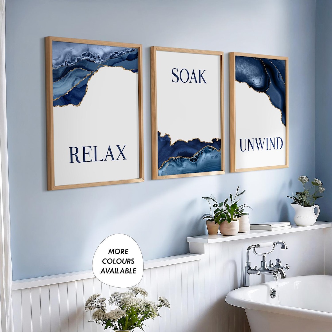 Blue and Gold Bathroom Decor, Blue and Gold Bathroom Prints, Bathroom