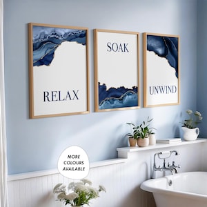 Blue and Gold Bathroom Decor, Blue and Gold Bathroom Prints, Bathroom wall art, Set of 3 Prints, Relax Soak Unwind, Blue Bathroom Art