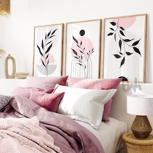 set of 3 pink and grey mid century prints