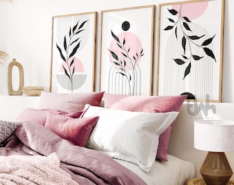 Pink and Grey Mid-Century Wall Art Prints: Botanical Geometric Set