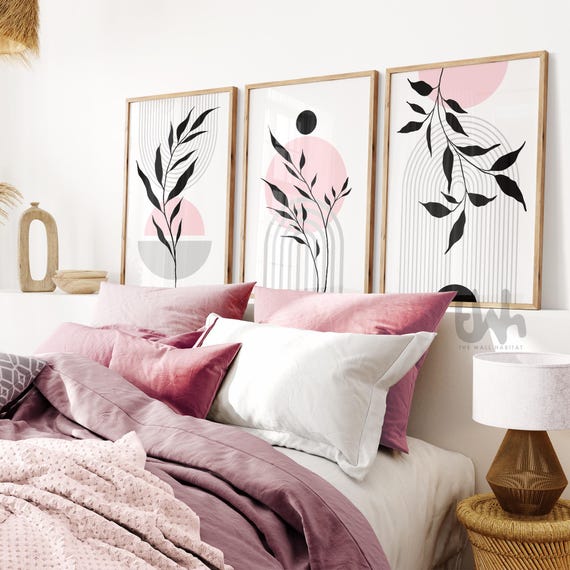 Pink and Grey Mid-Century Wall Art Prints: Botanical Geometric Set