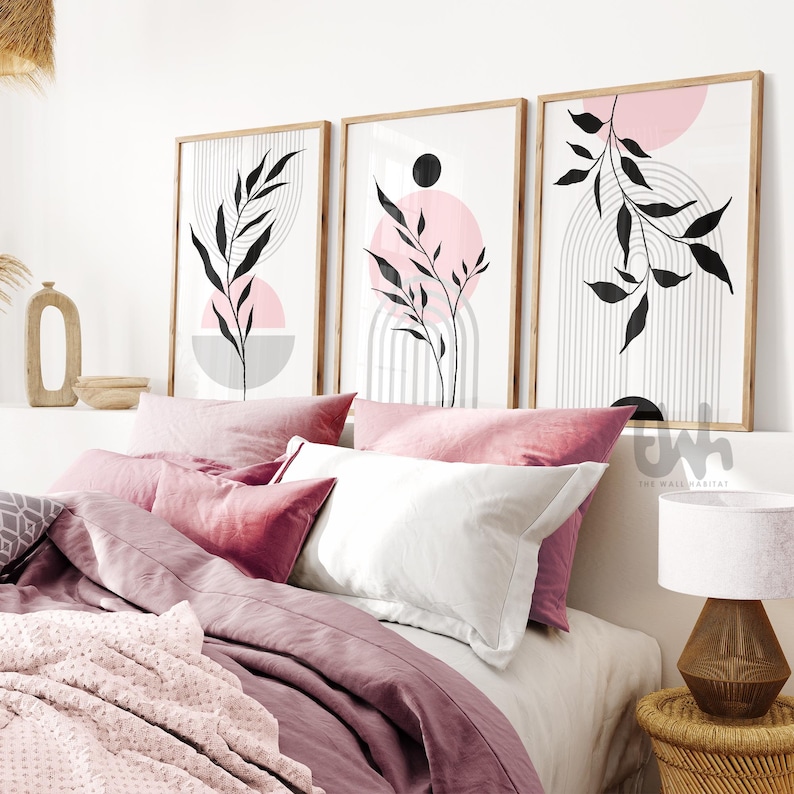 set of 3 pink and grey mid century prints