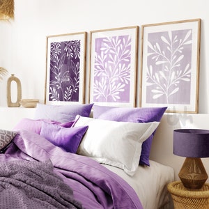 Set of 3 Purple Lilac leaf prints, purple wall art, purple wall decor, purple bedroom decor, purple bedroom pictures, purple bedroom art