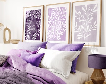 Purple Lilac Leaf Prints: Botanical Bedroom Wall Art (Set of 3)