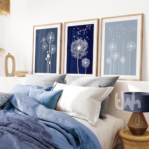 Blue Dandelion Wall Art: Set of 3 Floral Prints