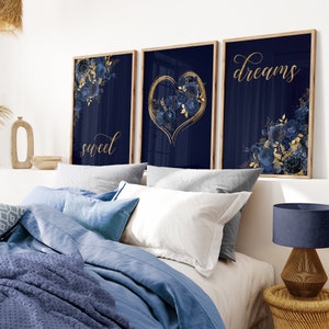 Set van 3 marineblauwe en gouden printset Sweet Dreams, wanddecoratie zoete dromen, wanddecoratie bed, marineblauwe en gouden muurkunst, bord Sweet Dreams