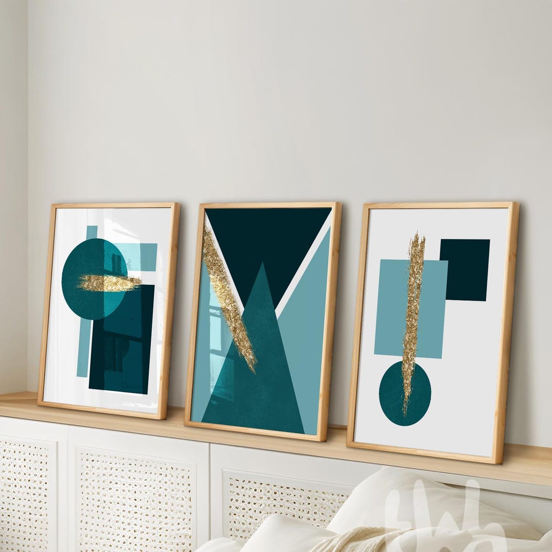 Teal and Gold Geometric Wall Art Prints: Set of 3 - Etsy