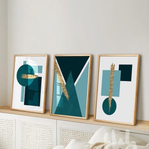 Set von 3 Wandbildern, Blaugrün und Gold, Schlafzimmer Kunst, Blaugrün und Gold, Schlafzimmer Kunst, geometrisch und Blaugrün Gold