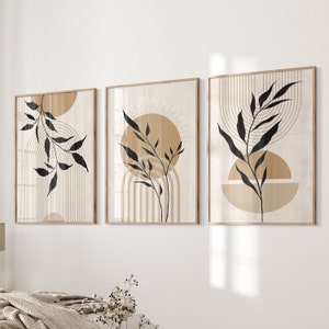 Set of 3 Beige Wall Art Prints, Mid Century Print, Beige Black Boho art, Beige Geometric prints, Botanical Art, Neutral Art, Black beige art