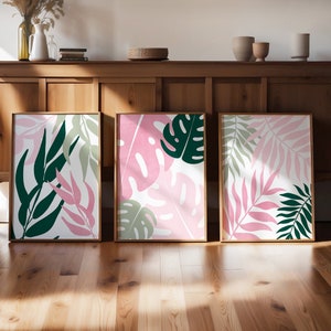 3pc Green and Pink Wall Art, pink and green art prints, botanical prints, pink and green wall art, green and pink print, tropical leaves