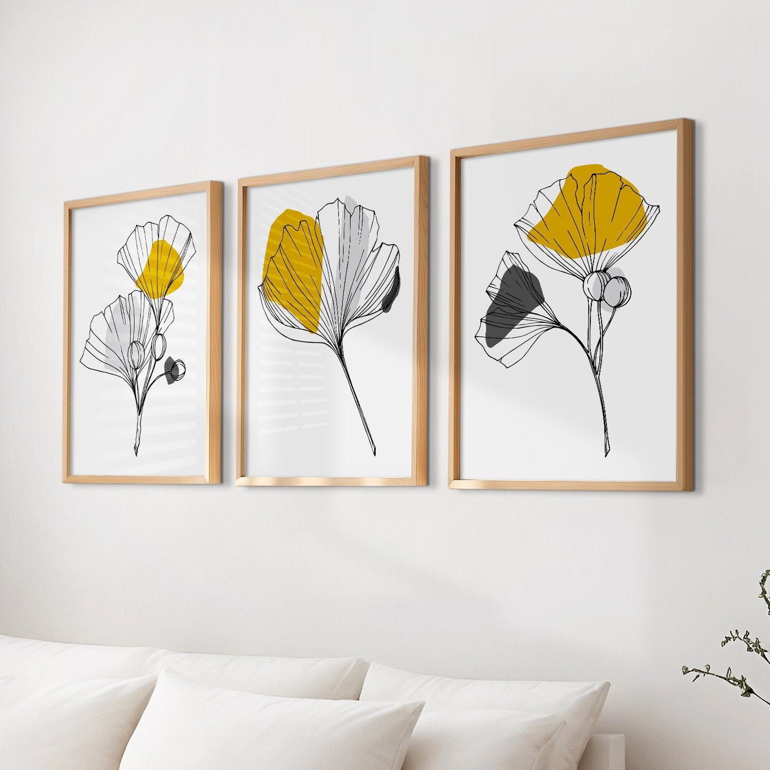Set of 3 Ginkgo Leaf Prints, Yellow and Grey Wall Prints, Botanic Wall prints, Mustard Wall Art, Set of 3 Prints, Ginkgo Art, Leaf Line Art