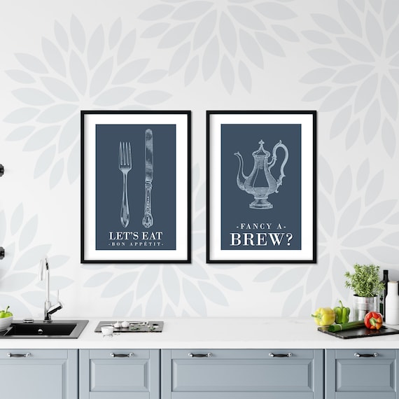2pc Retro Blue Kitchen Wall Art Blue Kitchen Decor Blue Etsy