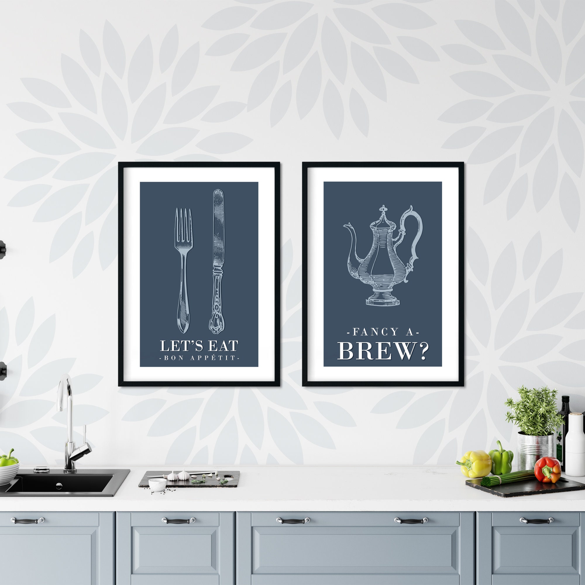 2pc Retro Blue Kitchen Wall Art Blue Kitchen Decor Blue Etsy UK