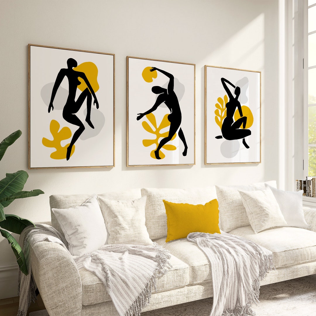 Set of 3 Black and Yellow Wall Art, Black and Yellow Decor, Funny Bathroom Signs, Transitional ...