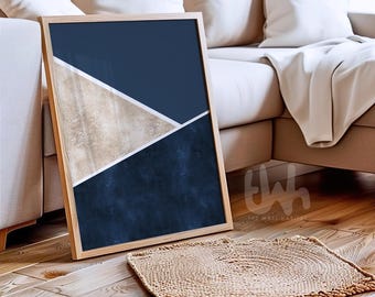 Impression d'art abstrait bleu marine beige : décoration murale géométrique moderne