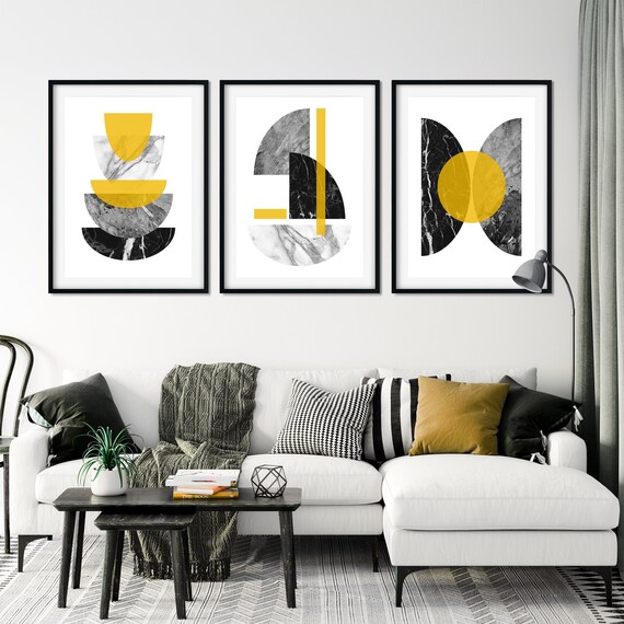 Set Of 3 Mustard Art Prints Mustard Wall Art Yellow Wall Art Mustard And Grey Prints Living Room Prints Marble Wall Art Mustard Prints