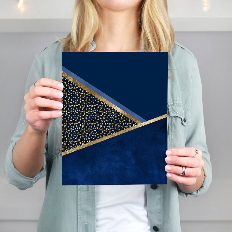 Set of 3 Navy Blue and Gold Wall Art Blue and Gold Wall Art Etsy