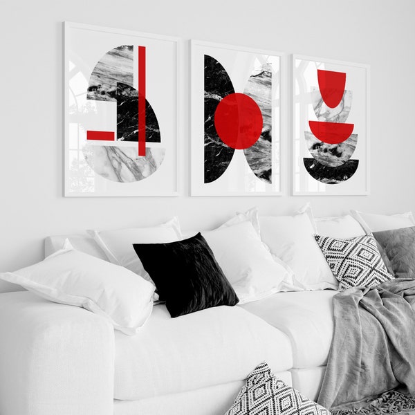 Set of 3 Red and Black Art Prints, Red Wall Art, Red Kitchen Decor, Red and Grey prints, Living room prints, Marble Wall Art, Red Prints