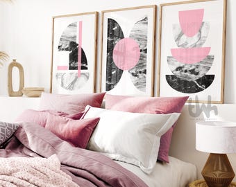Pink and Grey Marble Abstract Prints: Set of 3 Wall Art
