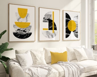 Set of 3 Mustard Art Prints, Mustard Wall Art, Yellow Wall Art, Mustard and Grey prints,  Living room prints, Marble Wall Art,Mustard Prints