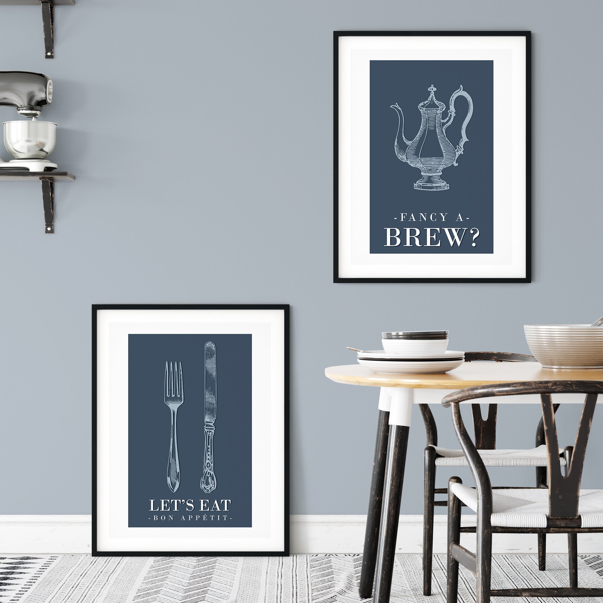 2pc Retro Blue Kitchen Wall Art Blue Kitchen Decor Blue Etsy UK