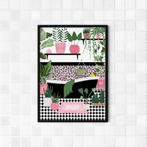 Estampas de banheiro rosa, estampas de banheiro rosa e verde, decoração de banheiro tropical, arte de parede de banheiro rosa, arte de banheiro, placa de banheiro rosa