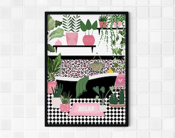Tropical Bathroom Print: Pink & Green Plant Decor