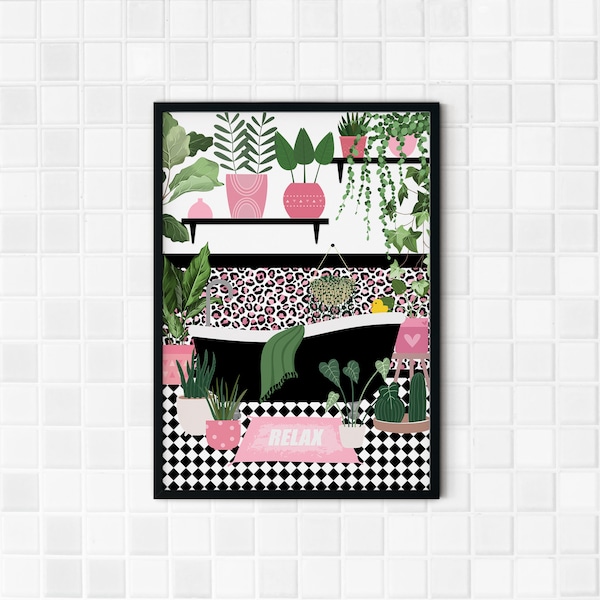 Pink Bathroom Decor, pink bathroom wall art, pink bathroom prints, bathroom art, bathroom prints, plant prints, pink bathroom sign