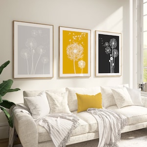 Mustard Yellow Dandelion Wall Art Prints: Set of 3