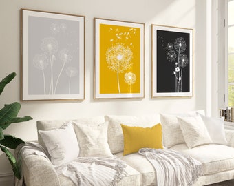 Mosterdgele en grijze muurkunst paardenbloem – Set van 3 moderne bloemenprints | Gele woonkamerdecoratie | Neutrale bloemenposterset