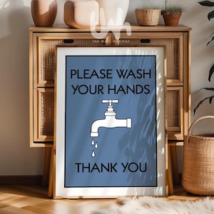 Blue Bathroom Decor, Blue Bathroom Prints, Wash Your Hands Sign, Bathroom Art, Toilet door sign, blue bathroom accessories, Bathroom Poster