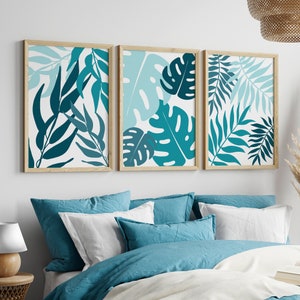 Lot de 3 estampes bleu sarcelle et aqua, décor de feuilles botaniques, décor sarcelle, art mural aqua, décoration murale sarcelle, art de chambre sarcelle, impression de fleurs aqua