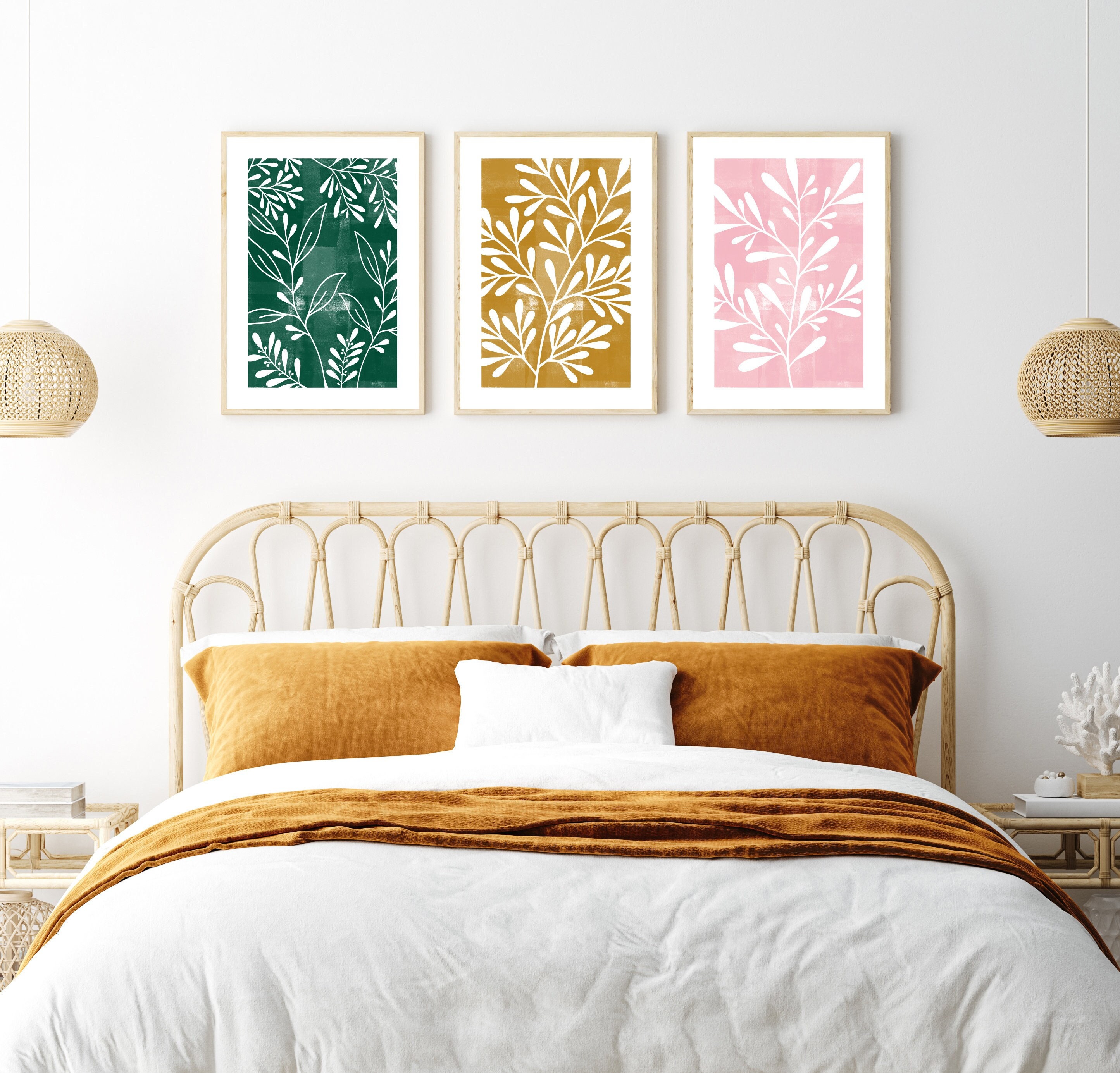 3pc Mustard Pink and Green Leaf Prints Mustard Wall Art Pink Etsy UK
