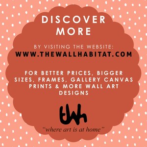 以下が含まれることがあります： 白い水玉模様の赤い雲に、「DISCOVER MORE」と「WWW.THEWALLHABITAT.COM」の文字が書かれている。また、「FOR BETTER PRICES, BIGGER SIZES, FRAMES, GALLERY CANVAS PRINTS & MORE WALL ART DESIGNS」の文字も含まれている。「TWH」の文字はスタイリッシュなフォントで、「where art is at home」の文字はその下に書かれている。