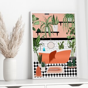May include: A white framed print of a bathroom with a bathtub, plants, and a black and white checkered floor. The bathtub is orange and has a white towel on it. The plants are green and are in pots. The floor is black and white checkered.