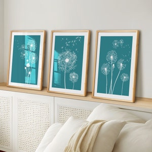 Teal Dandelion Prints Art - 3pc Teal Wall Art Set, Teal Home Decor, Dandelion Art Gifts, Botanical Wall Decor, Teal Bedroom Wall Decor