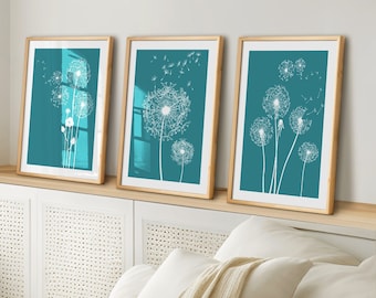 Teal Dandelion Art Prints - Botanical Wall Decor Set