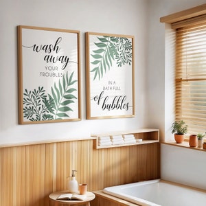 Set of 2, Green and Grey Bathroom Prints, Wash away your troubles, Green bathroom set, tropical bathroom wall decor, green wall art